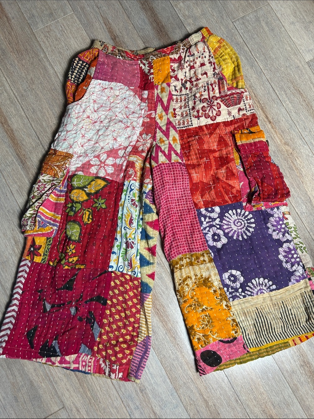 Earthbound Patchwork Kantha Wide-Leg Cotton Pants - Multicolor size S
